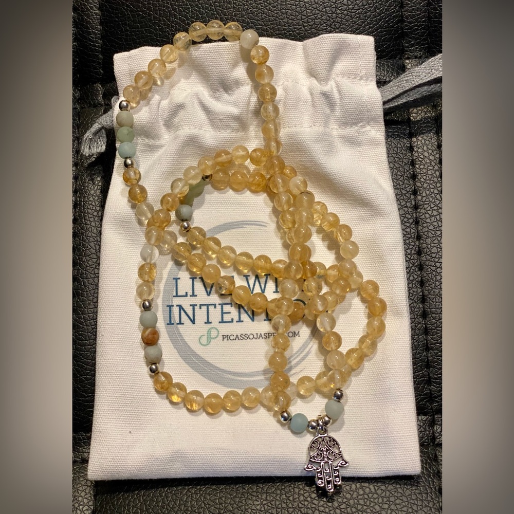 Genuine Gemstones, Beautiful Citrine, Amazonite, Hamsa 🪬 Stretch Necklace NWOT